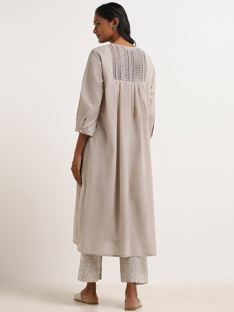 Utsa Grey Pintuck Cotton Buttoned Down Kurta