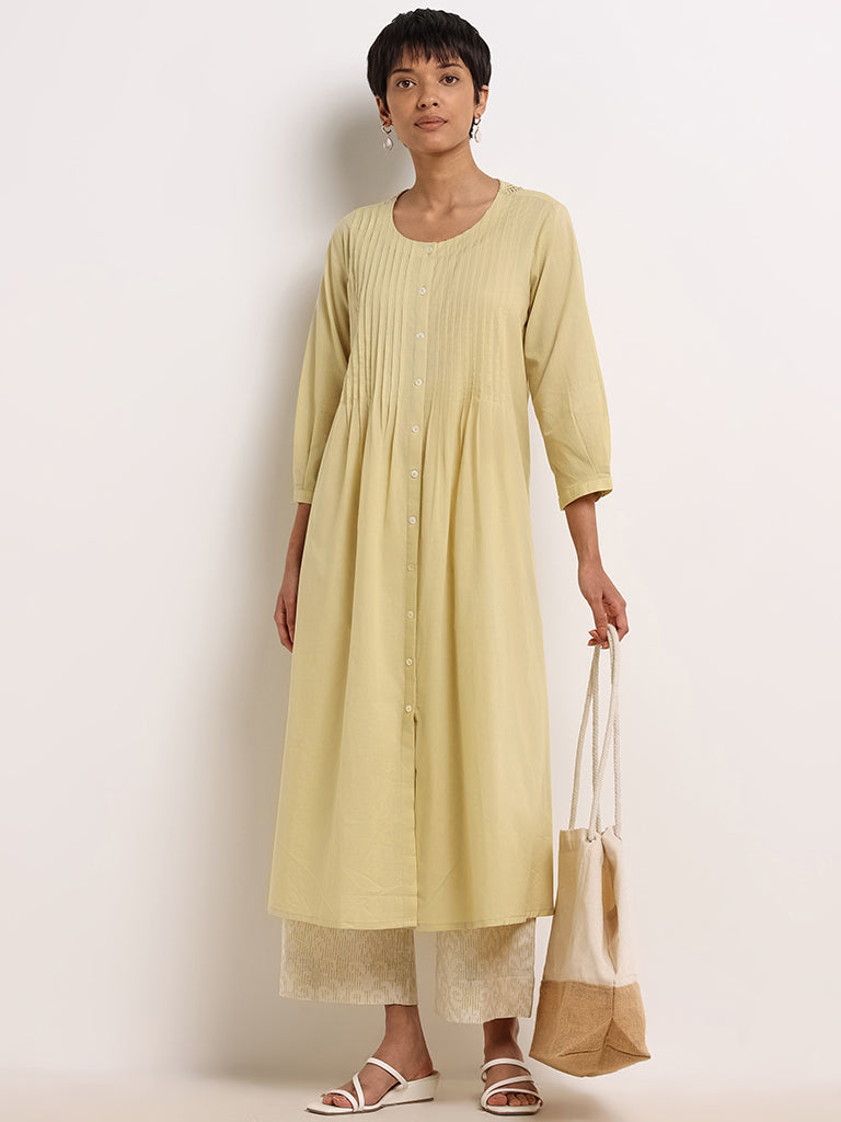 Utsa Yellow Pleated Cotton Buttoned Down Kurta