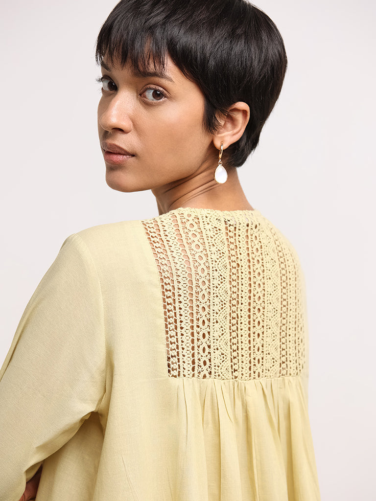 Utsa Yellow Pleated Cotton Buttoned Down Kurta