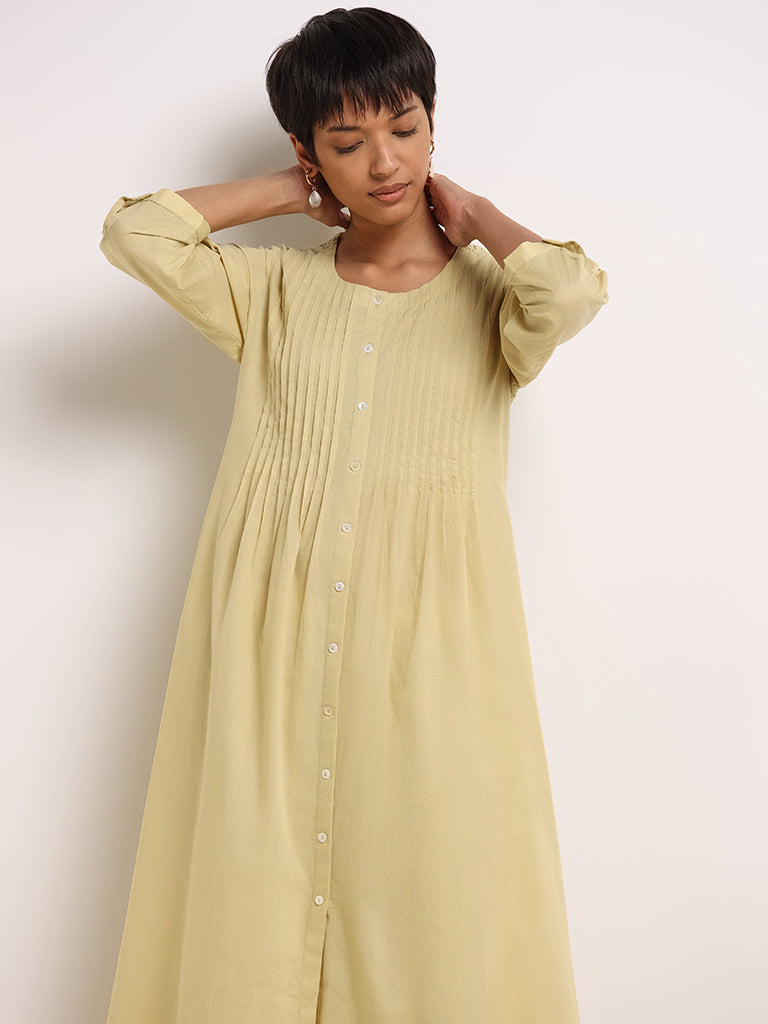 Utsa Yellow Pleated Cotton Buttoned Down Kurta