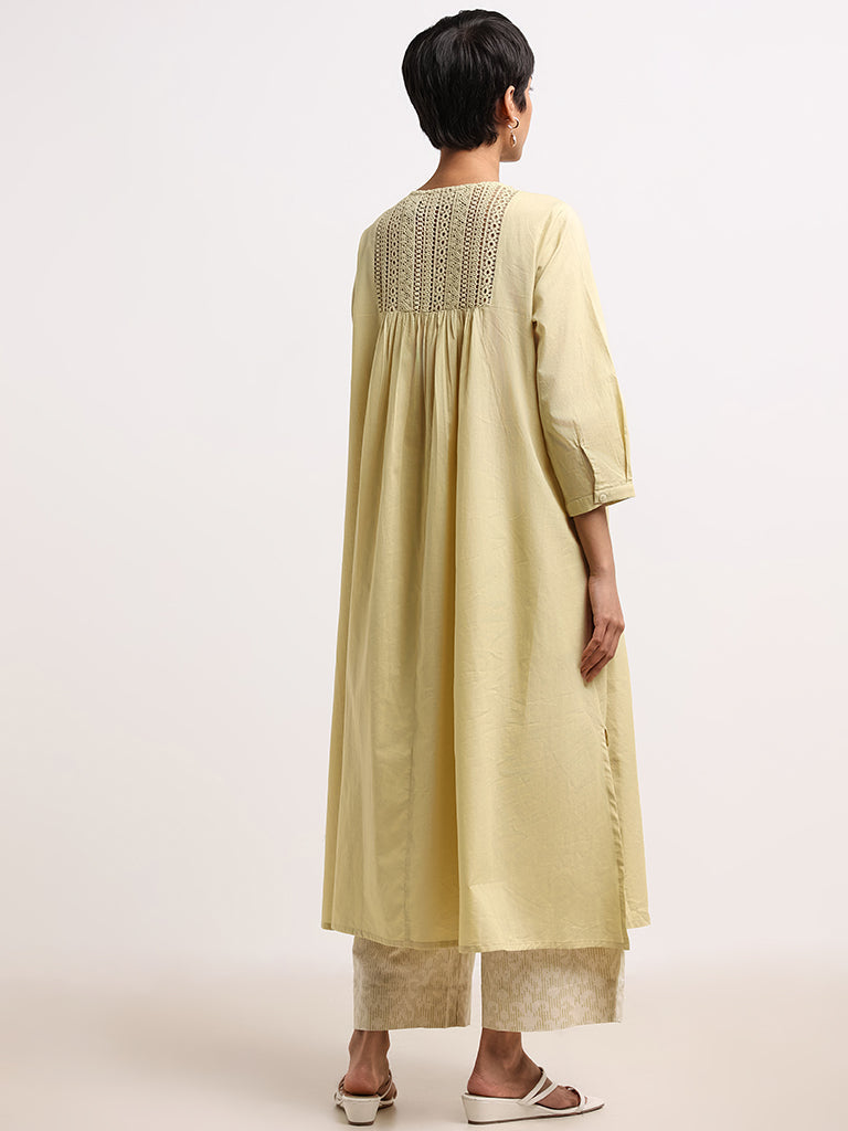 Utsa Yellow Pleated Cotton Buttoned Down Kurta