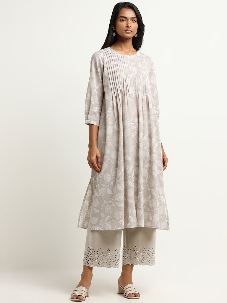 Utsa Grey Printed Pintuck Cotton A-Line Kurta