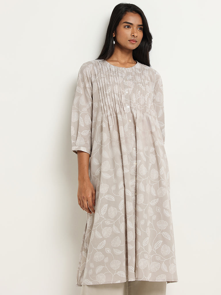 Utsa Grey Printed Pintuck Cotton A-Line Kurta