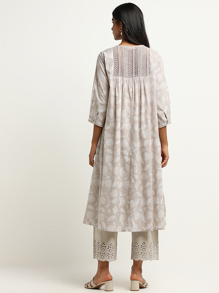 Utsa Grey Printed Pintuck Cotton A-Line Kurta