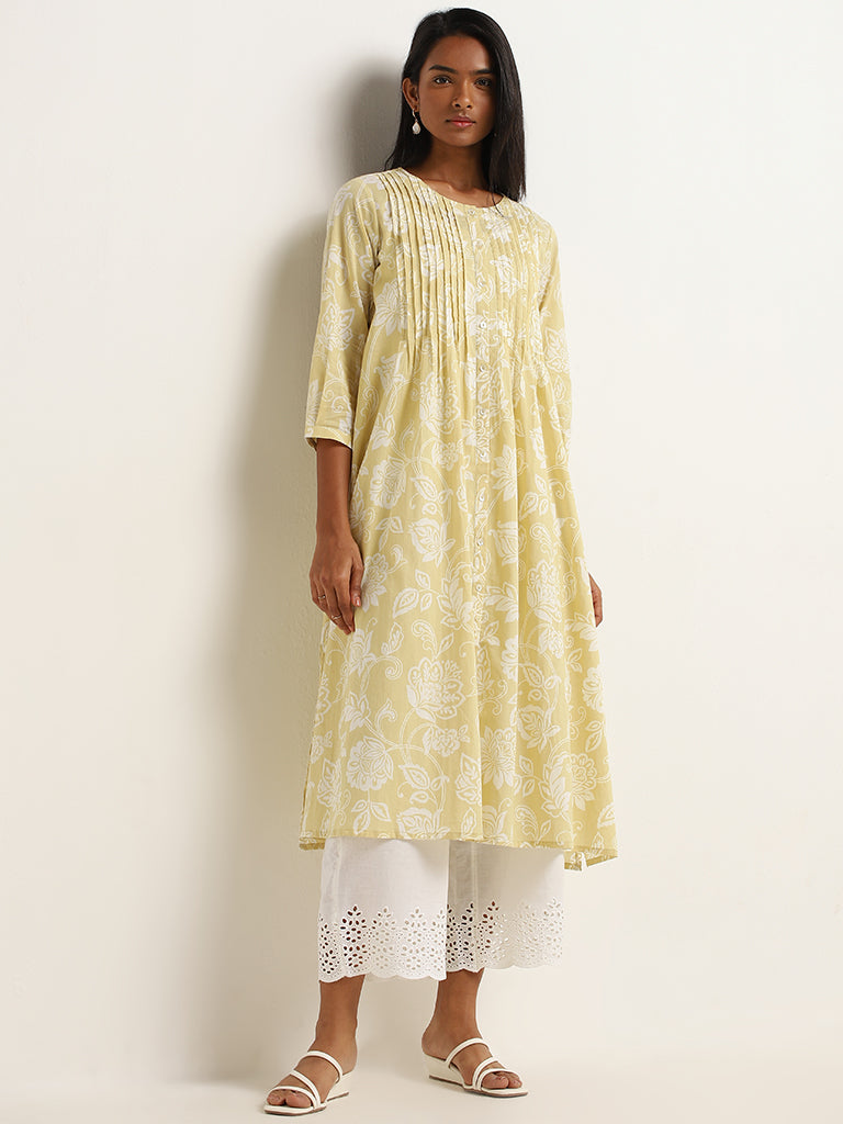 Utsa Light Yellow Printed Cotton A-Line Kurta