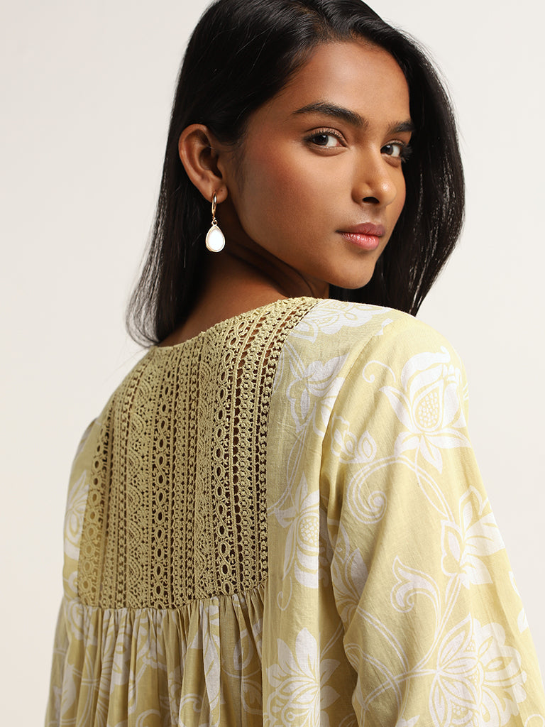 Utsa Light Yellow Printed Cotton A-Line Kurta