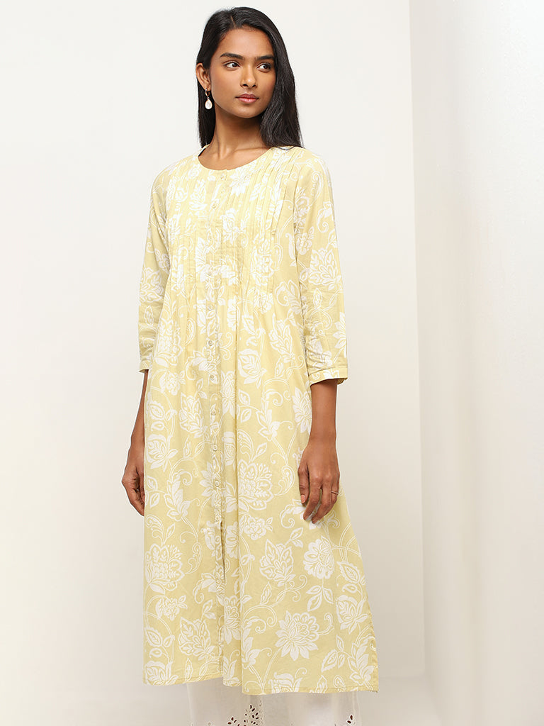 Utsa Light Yellow Printed Cotton A-Line Kurta