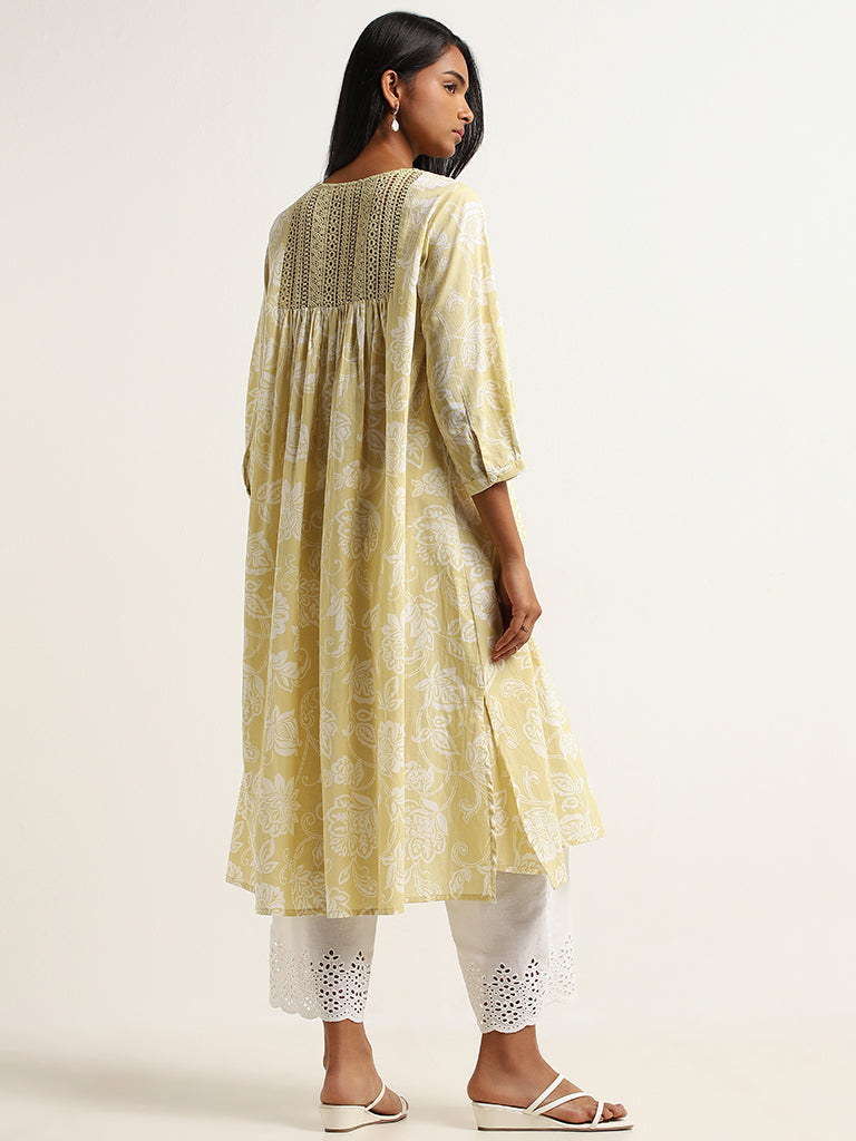 Utsa Light Yellow Printed Cotton A-Line Kurta