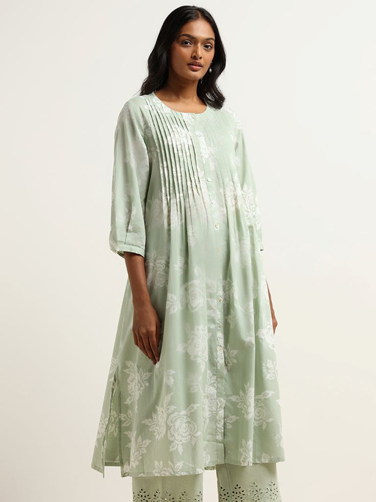 Utsa Mint Floral Printed Cotton Pintuck Kurta