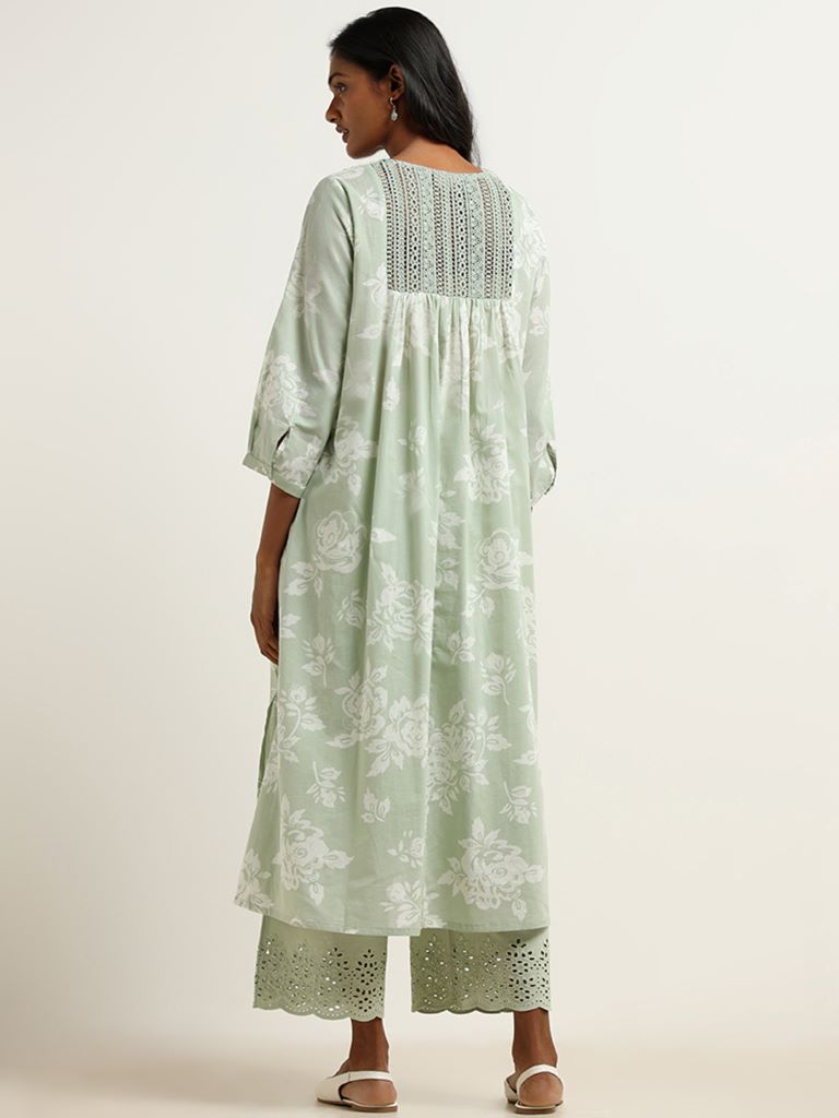 Utsa Mint Floral Printed Cotton Pintuck Kurta