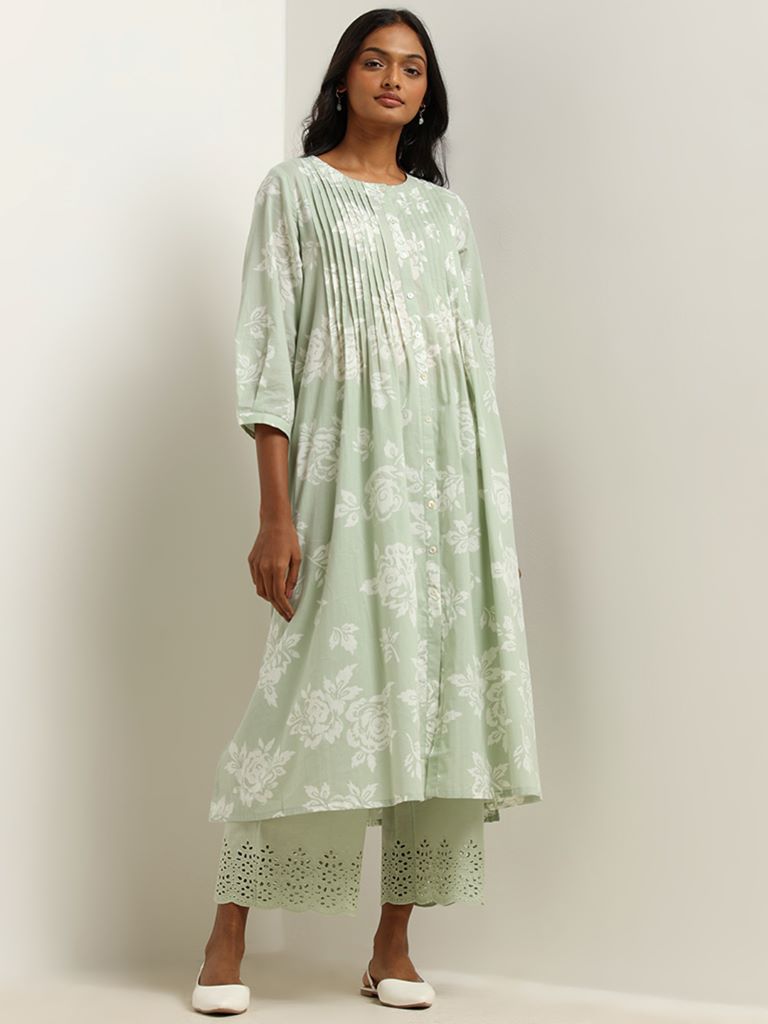 Utsa Mint Floral Printed Cotton Pintuck Kurta