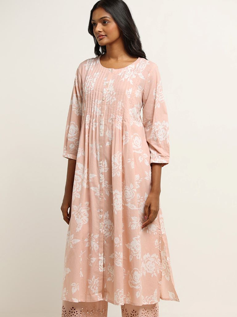 Utsa Pink Floral Printed Cotton Pintuck Kurta