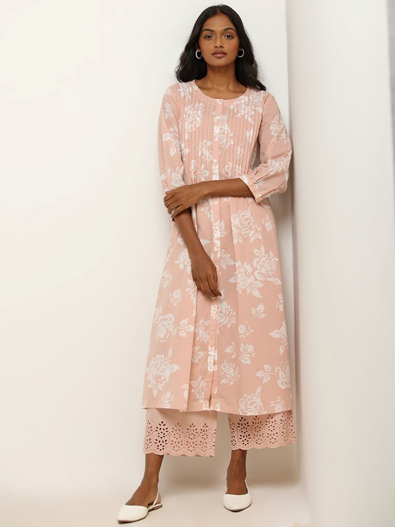 Utsa Pink Floral Printed Cotton Pintuck Kurta