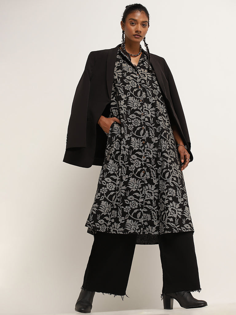 Utsa Black A-Line Printed Cotton Kurta