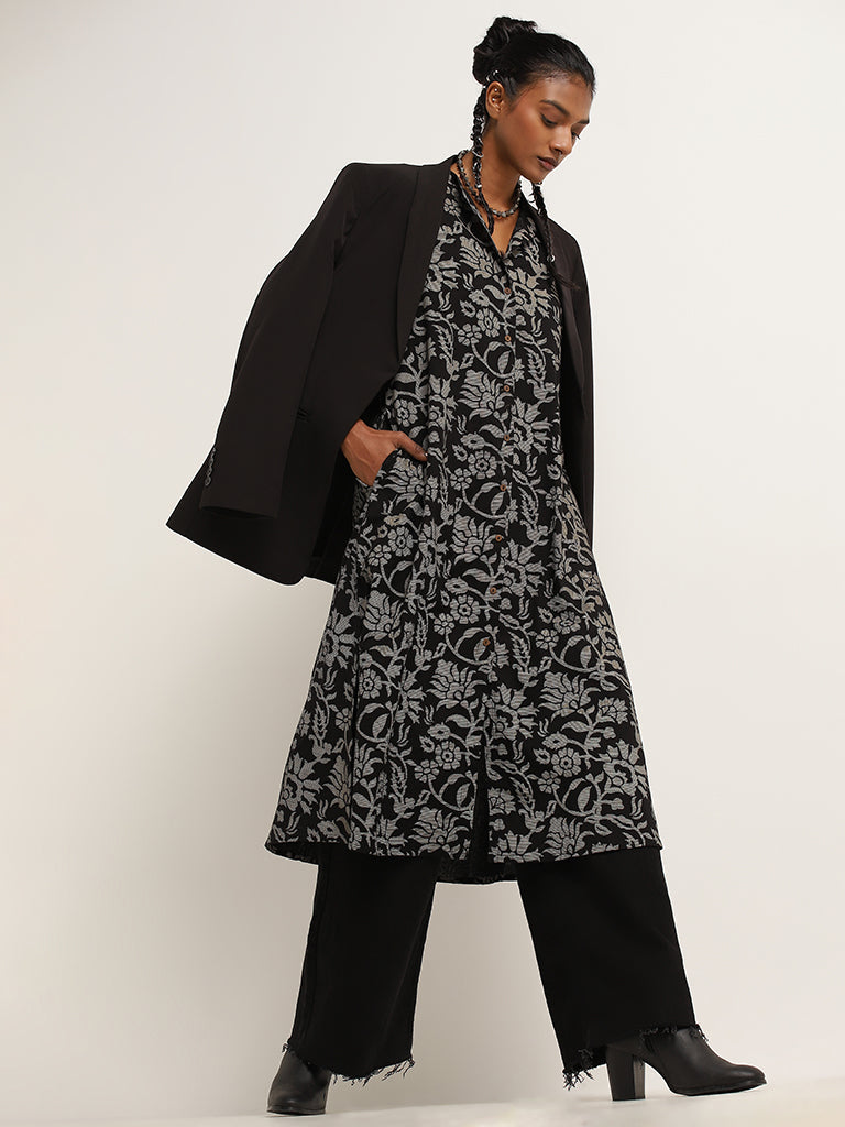 Utsa Black A-Line Printed Cotton Kurta