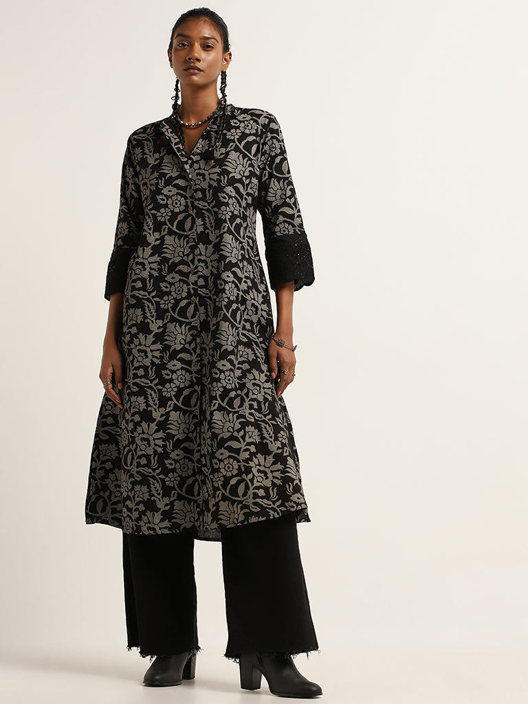 Utsa Black A-Line Printed Cotton Kurta