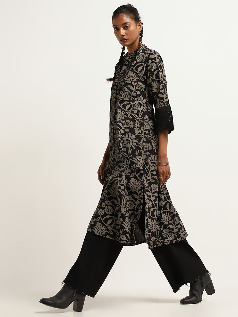 Utsa Black A-Line Printed Cotton Kurta