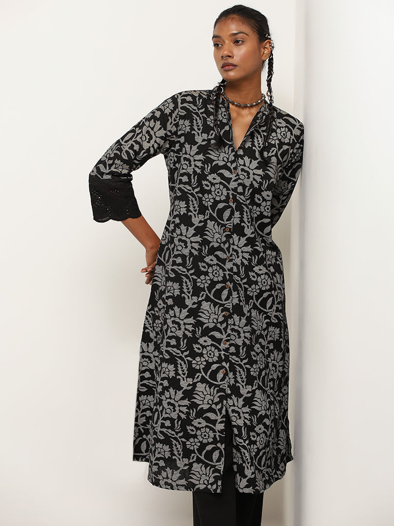 Utsa Black A-Line Printed Cotton Kurta