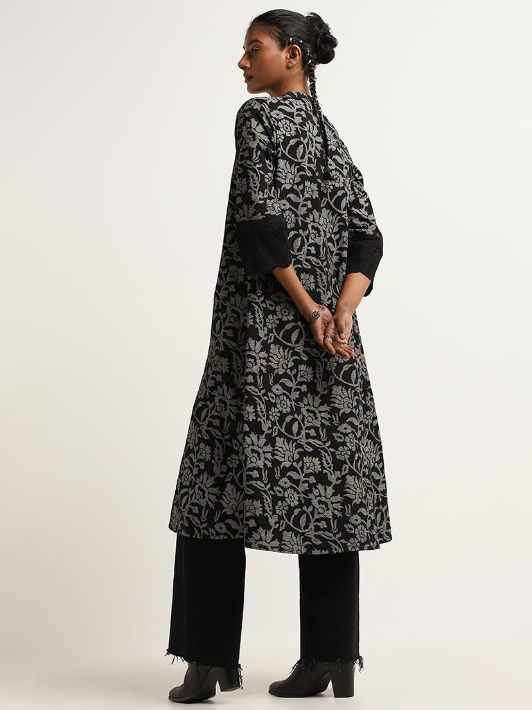 Utsa Black A-Line Printed Cotton Kurta