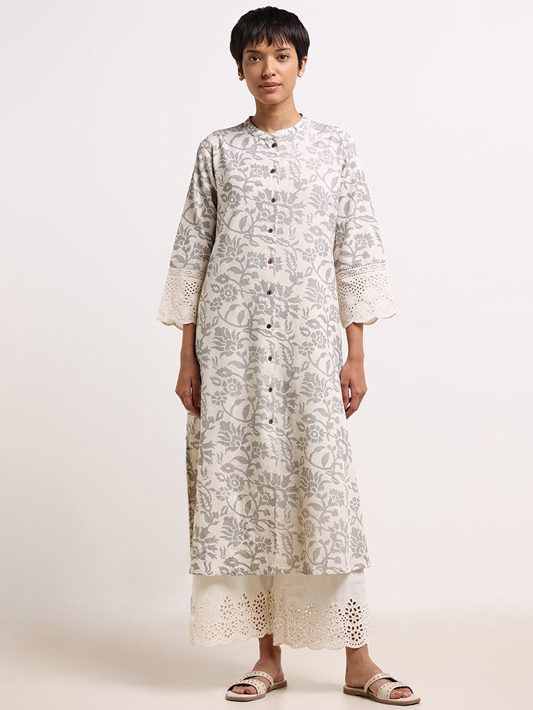 Utsa Beige Printed Blended Linen Button-Down Kurta