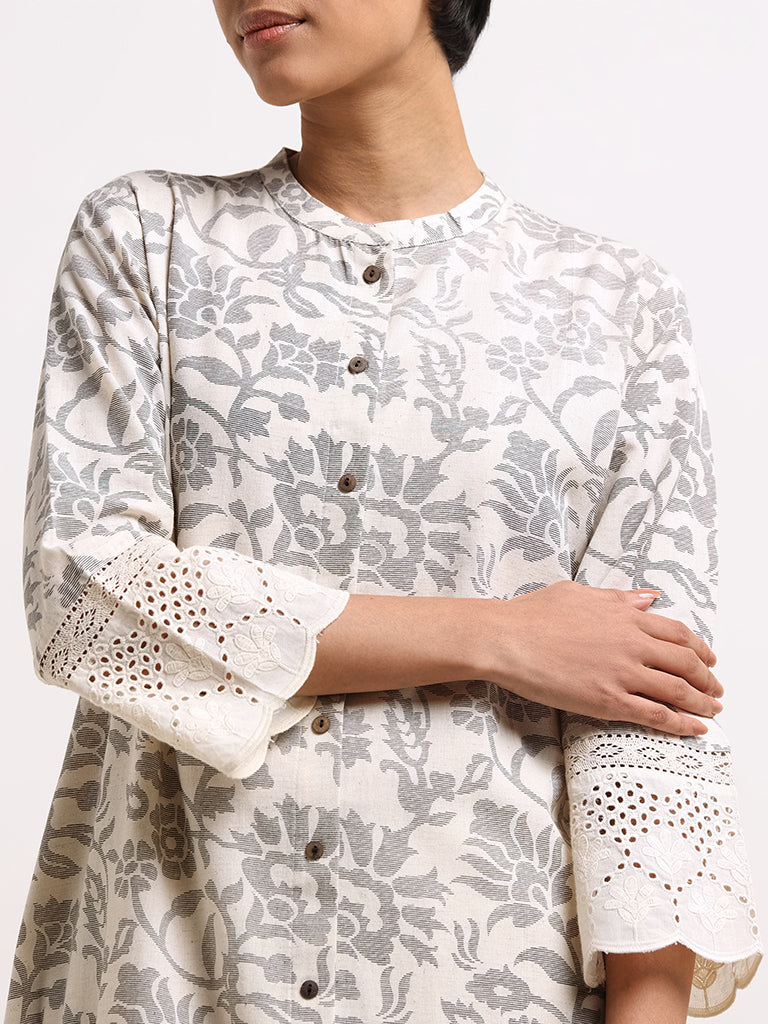 Utsa Beige Printed Blended Linen Button-Down Kurta