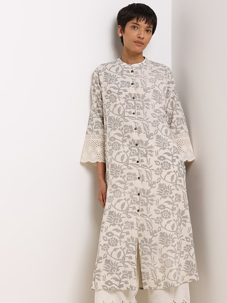 Utsa Beige Printed Blended Linen Button-Down Kurta