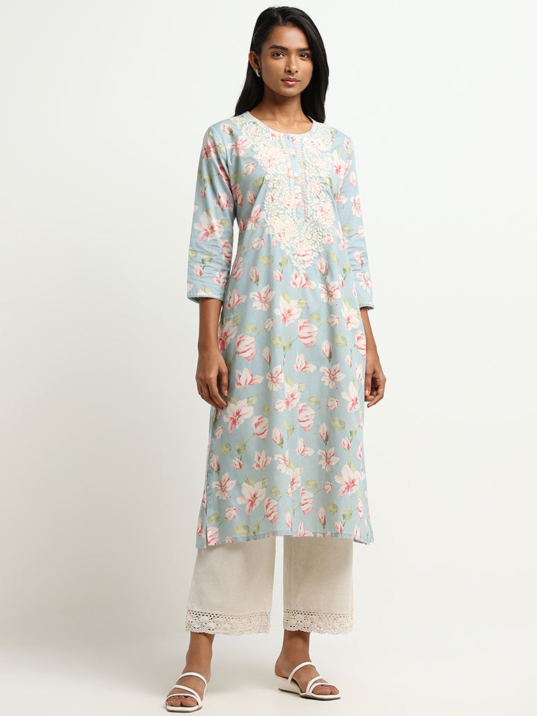 Utsa Blue Floral Printed Cotton Straight-Fit Kurta