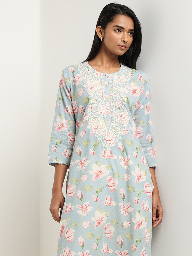 Utsa Blue Floral Printed Cotton Straight-Fit Kurta