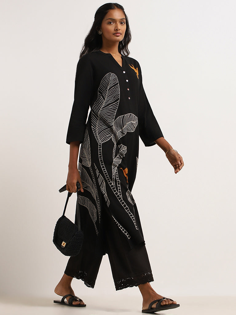 Utsa Black Bird Printed Cotton Kurta