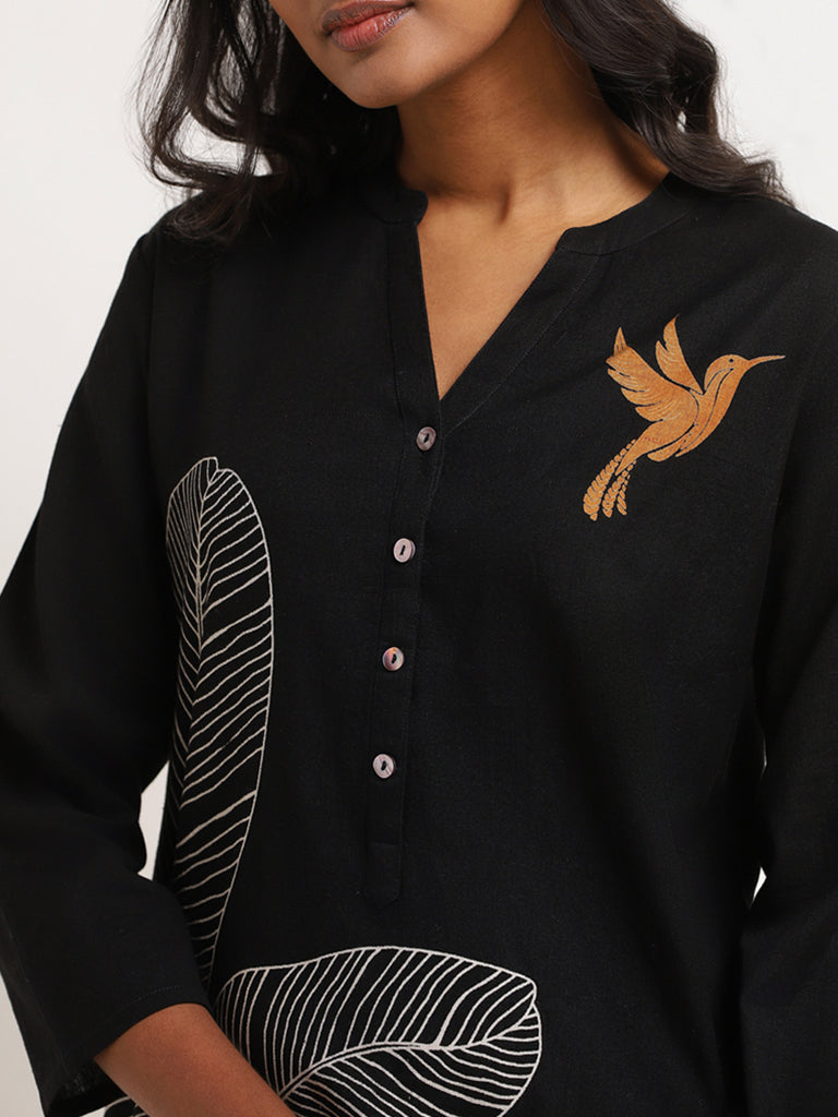 Utsa Black Bird Printed Cotton Kurta