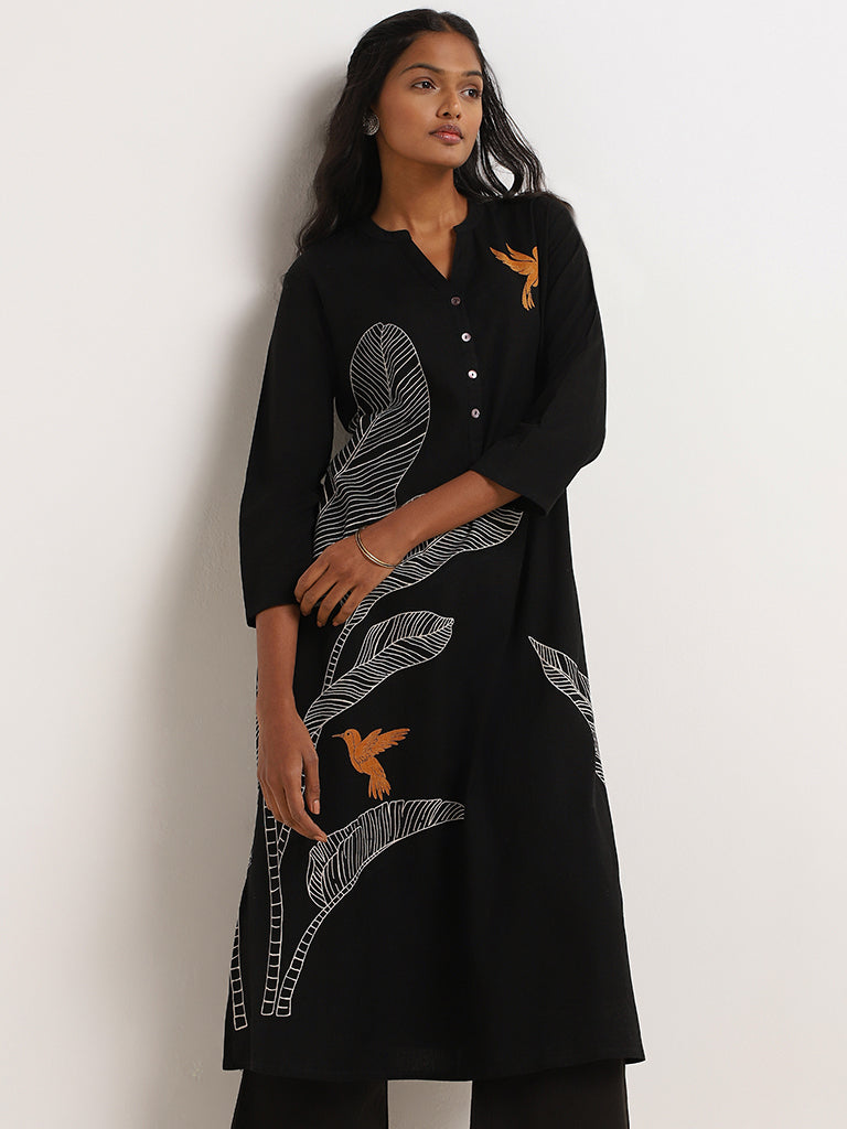 Utsa Black Bird Printed Cotton Kurta