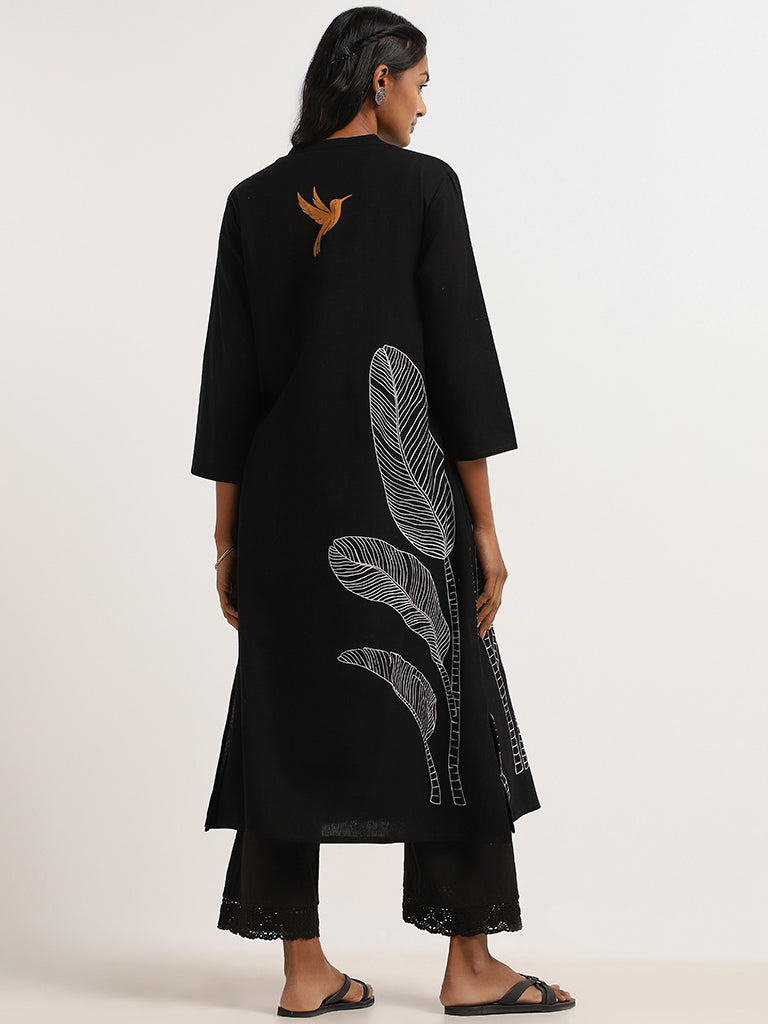 Utsa Black Bird Printed Cotton Kurta