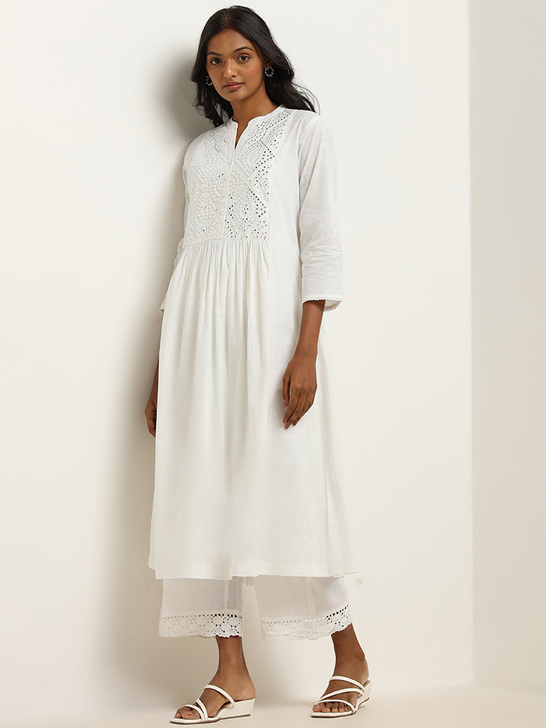 Utsa White Mirror Embroidered Cotton Kurta