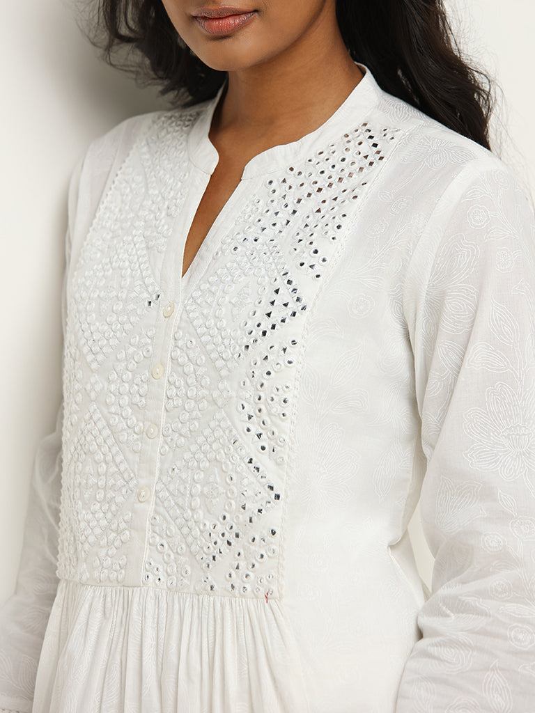 Utsa White Mirror Embroidered Cotton Kurta