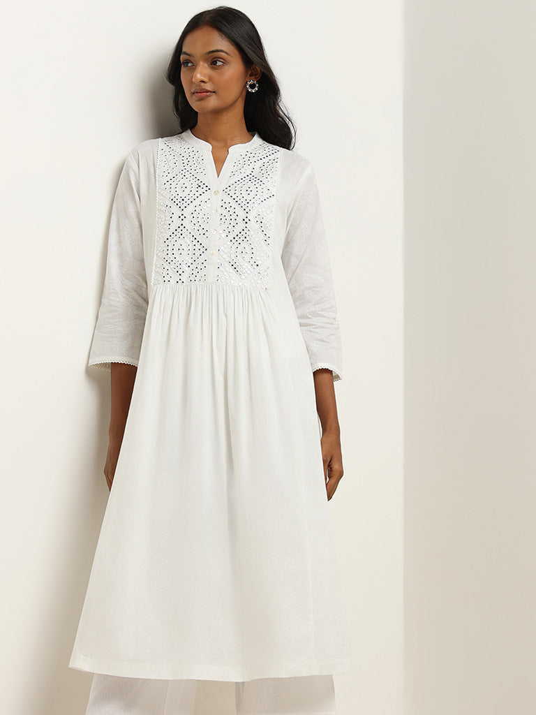 Utsa White Mirror Embroidered Cotton Kurta