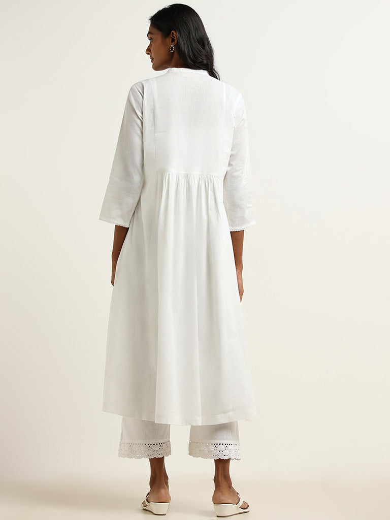 Utsa White Mirror Embroidered Cotton Kurta