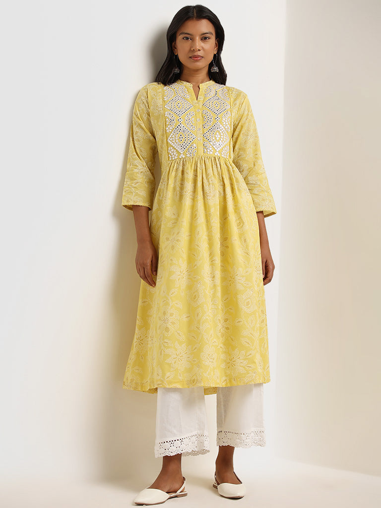 Utsa Yellow Mirror Detailed Cotton A-Line Kurta