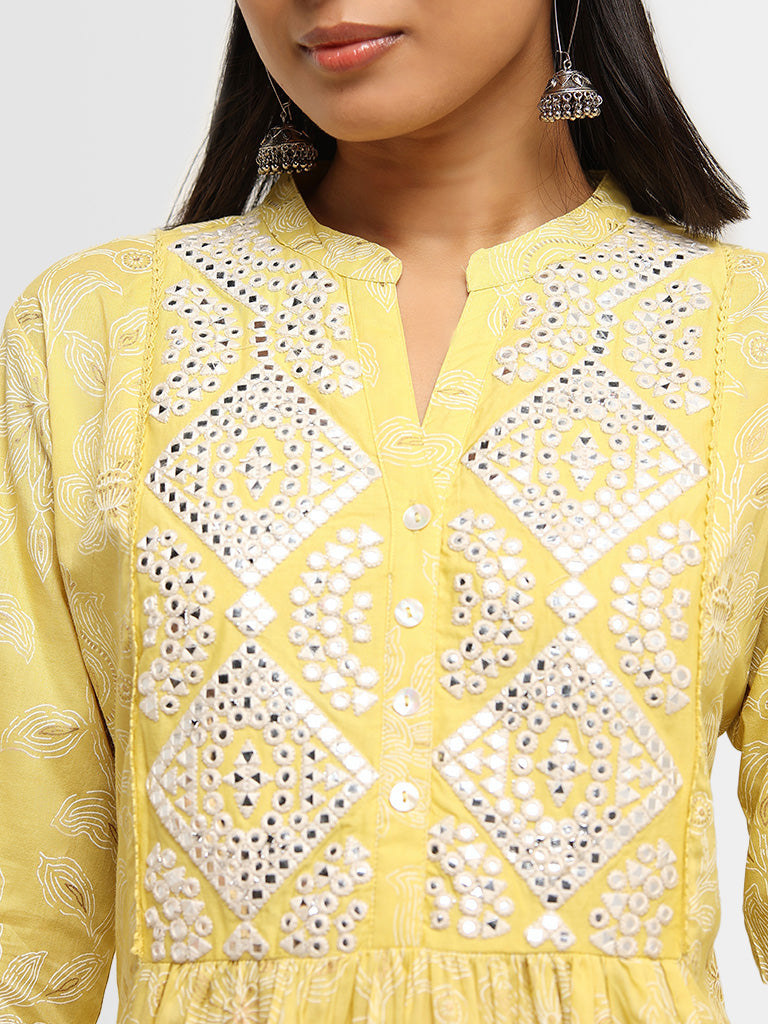 Utsa Yellow Mirror Detailed Cotton A-Line Kurta