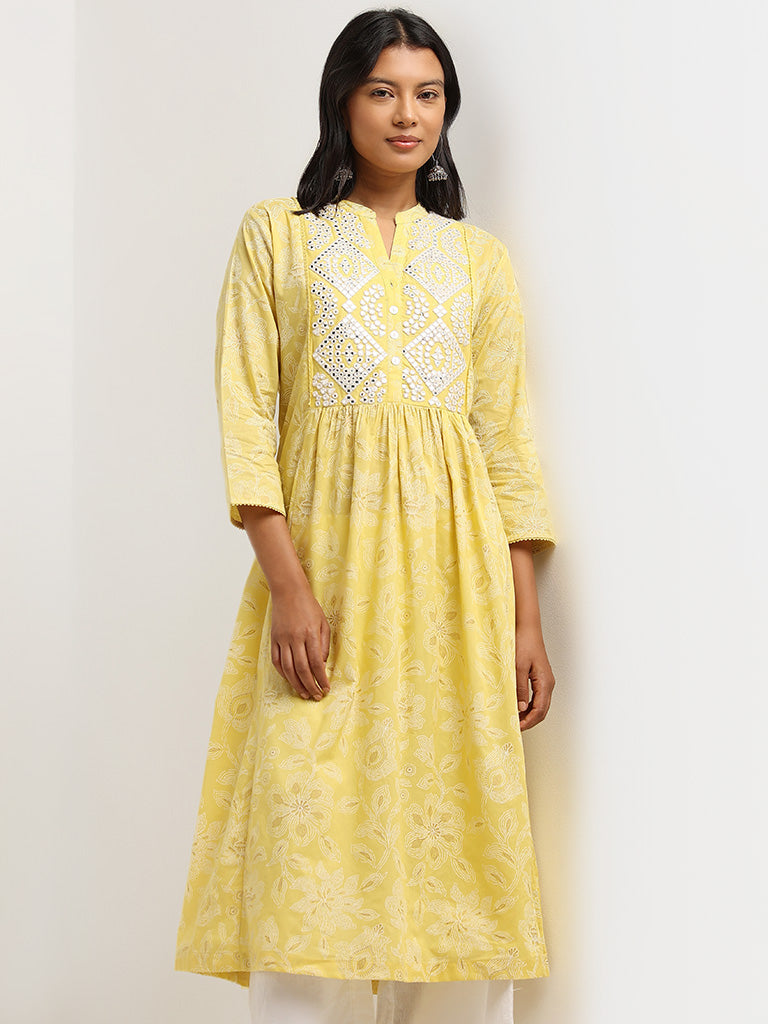 Utsa Yellow Mirror Detailed Cotton A-Line Kurta