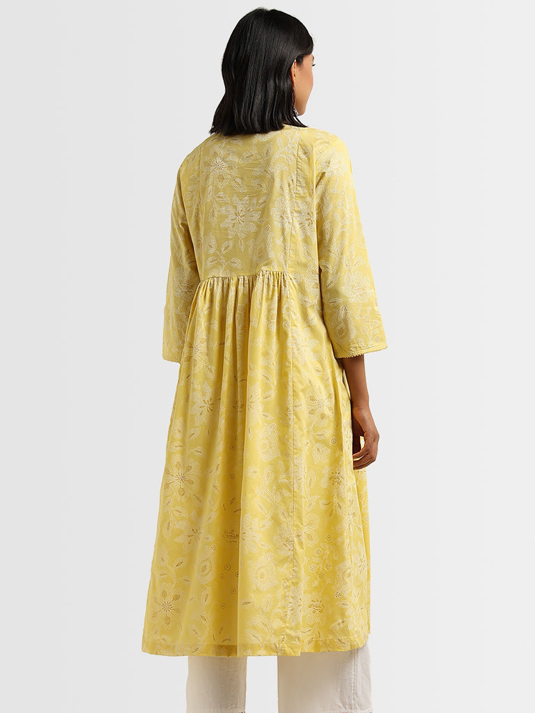 Utsa Yellow Mirror Detailed Cotton A-Line Kurta