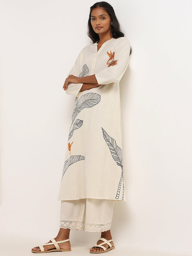 Utsa Off-White Bird Printed Cotton Kurta