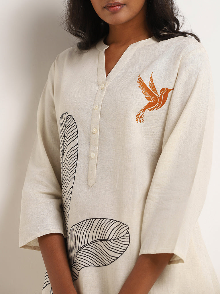 Utsa Off-White Bird Printed Cotton Kurta