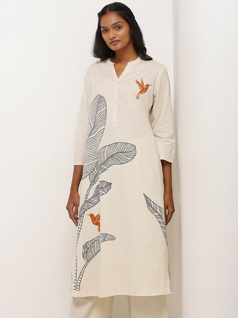 Utsa Off-White Bird Printed Cotton Kurta