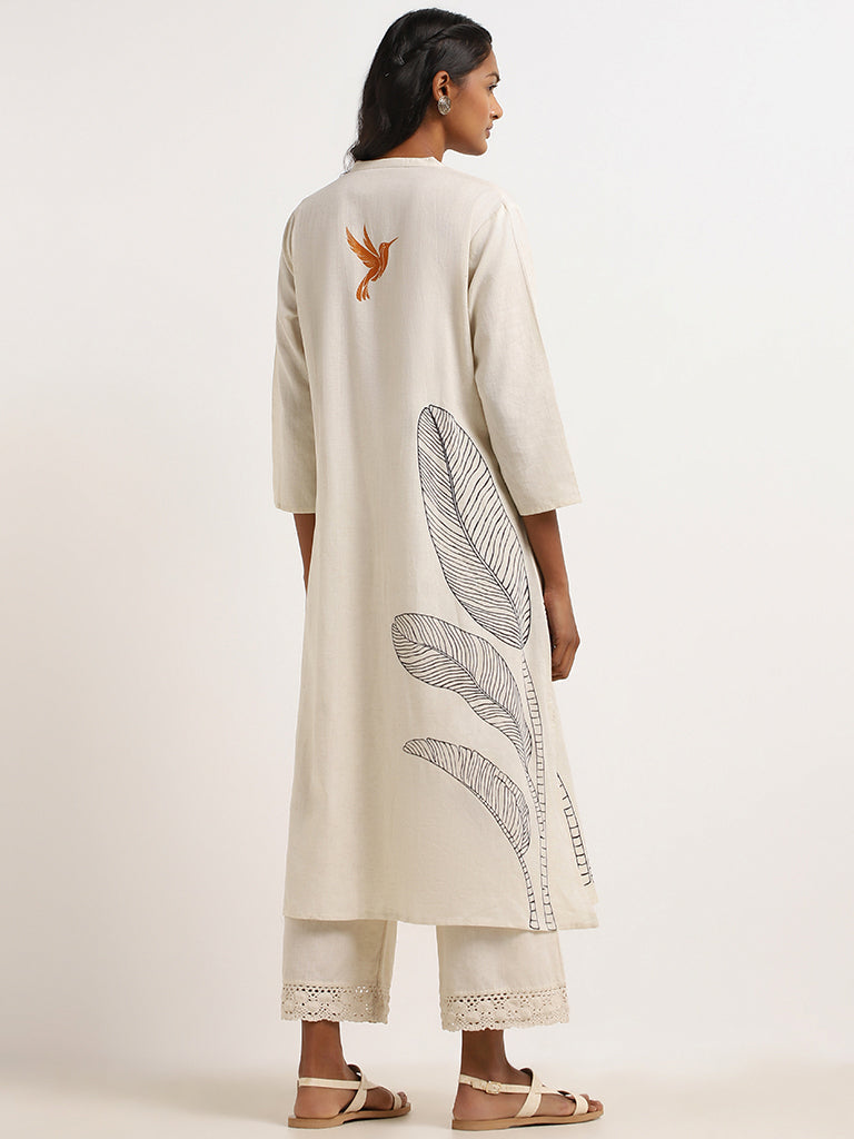 Utsa Off-White Bird Printed Cotton Kurta