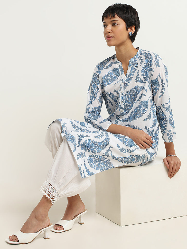 Utsa Blue Paisley Printed Cotton Kurta