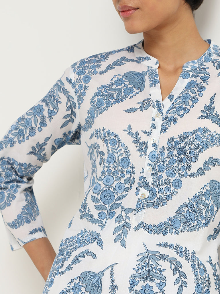 Utsa Blue Paisley Printed Cotton Kurta