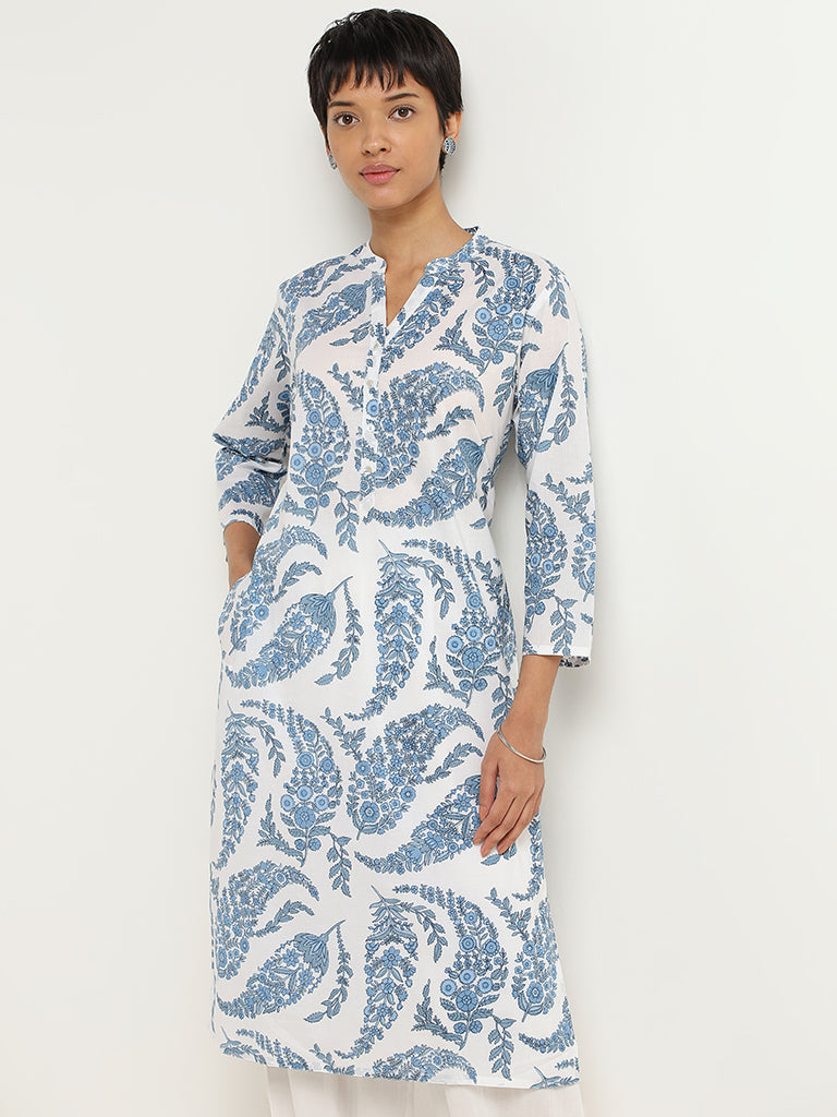 Utsa Blue Paisley Printed Cotton Kurta