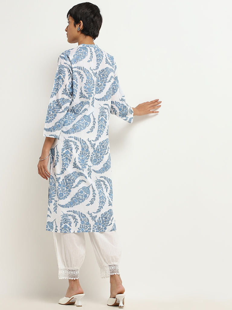 Utsa Blue Paisley Printed Cotton Kurta