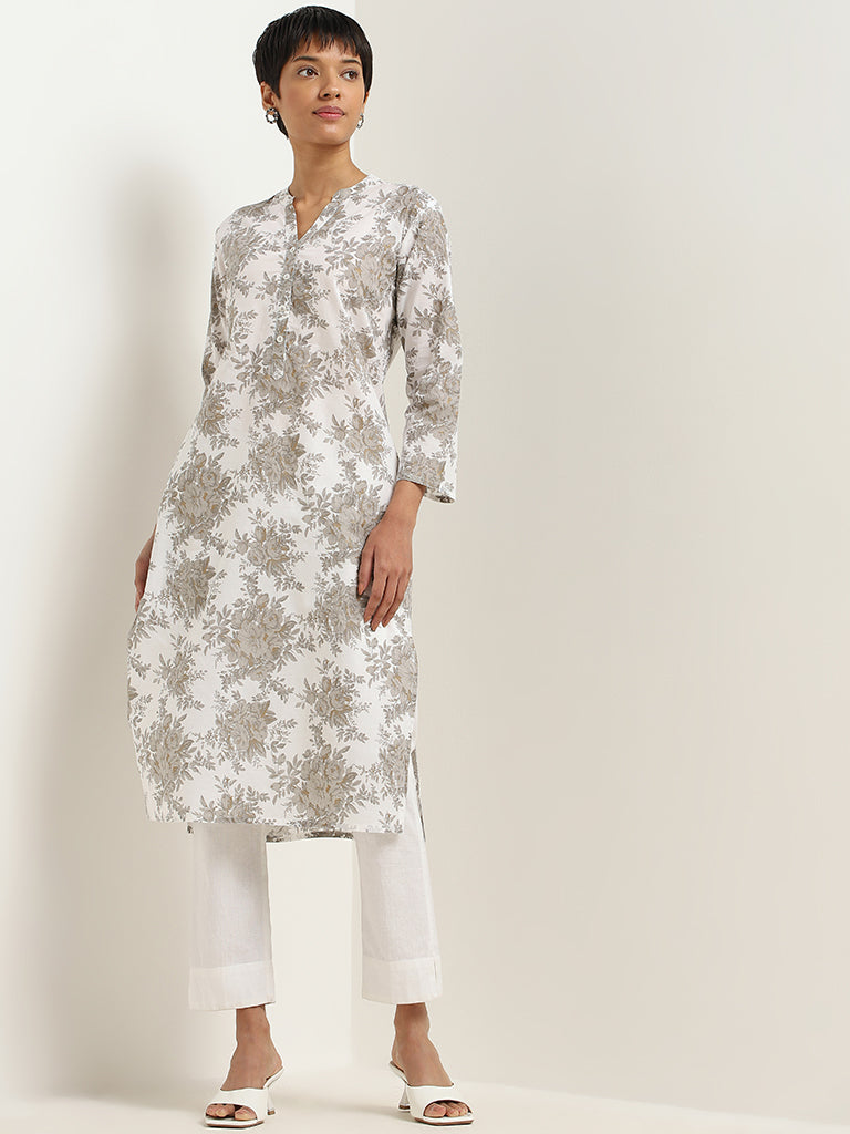 Utsa Light Grey Floral Printed Cotton Kurta