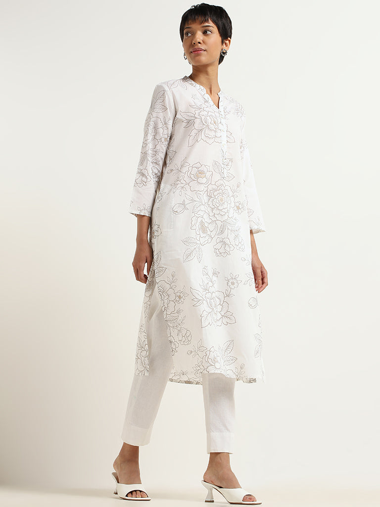 Utsa White Floral Printed Cotton Kurta